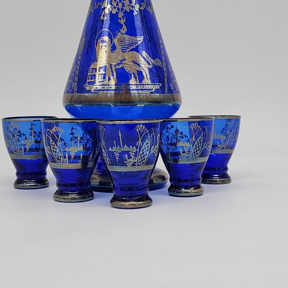 Cobalt Blue Silver Inlay Decanter Bar Set Barware PAX TIBI Angel Lion MCM Vintag - Picture 2 of 8